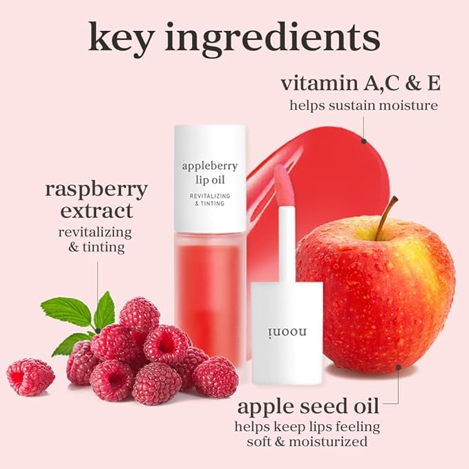 NOONI Korean Lip Oil Set - Appleberry & Applefig | Long-Lasting, Moisturizing, Plumping, Revitalizing for Dry Lips, Waterproof, No Peel Off, Stocking Stuffers, lip plumper 0.12 FL Oz x 2ea