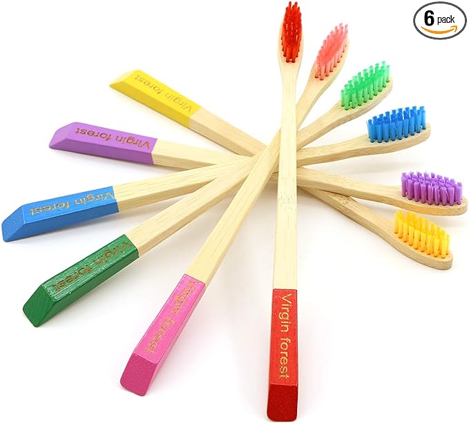 Virgin Forest Bamboo Toothbrush, Natural Eco Friendly Wood Toothbrushes, Biodegradable Charcoal Tooth Brush, Pack of 6