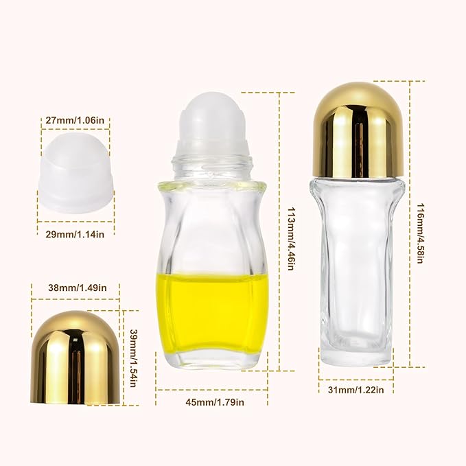 4 Pack 50mL Clear Glass Roller Bottles for Deodorant, Essential Oil Roll On Bottles, Leak-Proof Refillable Rollerball Containers with Golden Caps, Travel DIY Perfume Applicator