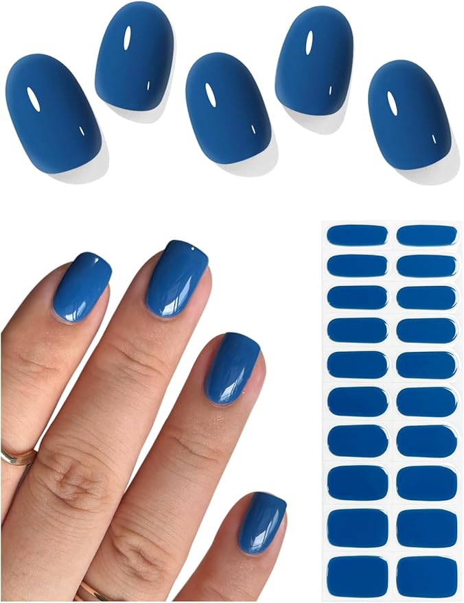 Semi Cured Gel Nail Strips (Blue N02), 20 Pcs Gel Nail Wraps, Stickers, Salon Quality, Long Lasting, Works With Any UV Lamps