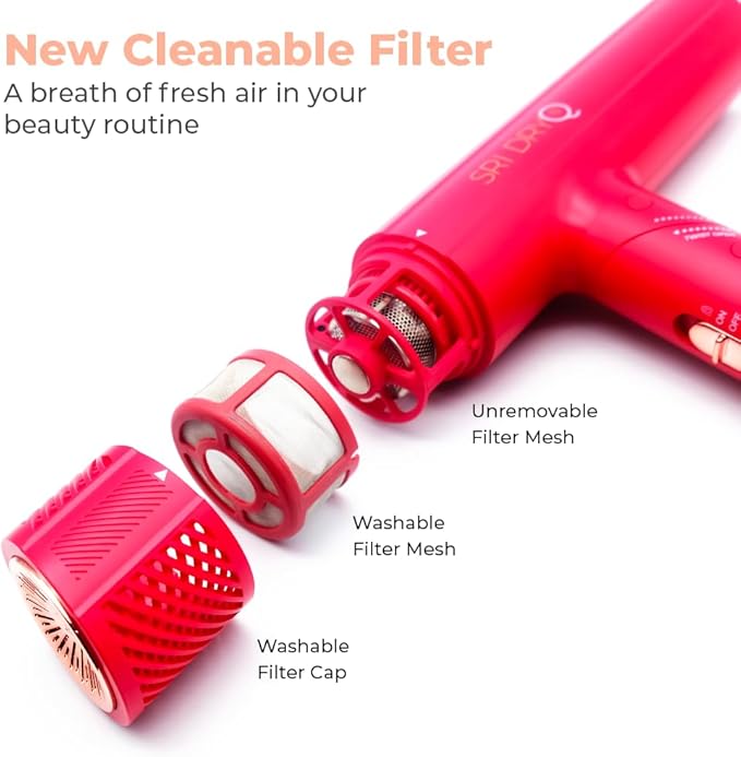 DryQ Smart Hair Dryer from SRILabs | Infrared and Ionic Technology - Lightweight + Foldable - Powerful + Quiet - 3 Magnetic Attachments - Heat Control with Locking Switch - Limited Edition (Magenta)