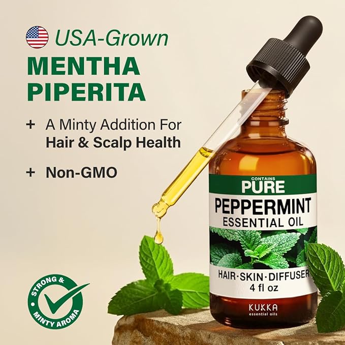 KUKKA Peppermint Essential Oils - 4 Fl Oz - for Hair, Skin, Diffuser, Aromatherapy & DIY Soap Making Scent