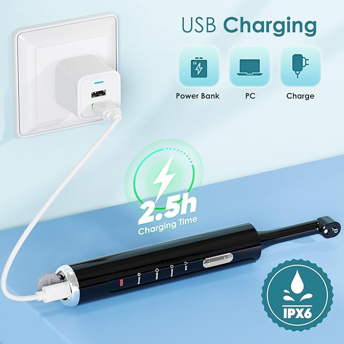 Tooth Polisher, Rechargeable Teeth Polisher with 5 Brush Heads, 4 Speed Modes, Tooth Whitening for Cleaning and Polishing, LED Light, 3 Polish Pastes, IPX6 Waterproof Teeth Cleaning Tools, Black