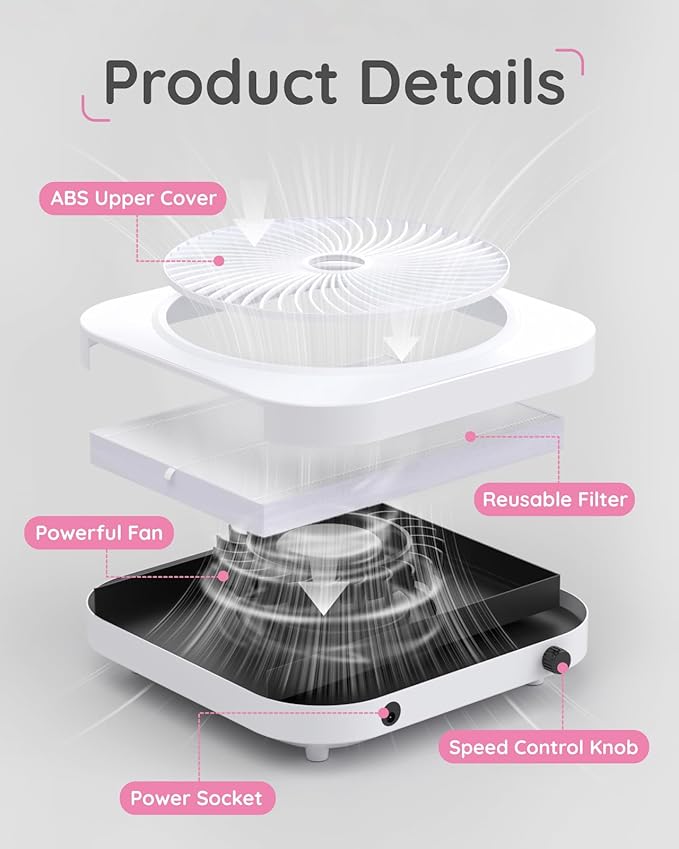 Lictin Nail Dust Collector with Reusable Filter, Adjustable Nail Vacuum Dust Collector Extractor Electric Dust Suction Machine for Acrylic Gel Nail Polishing White