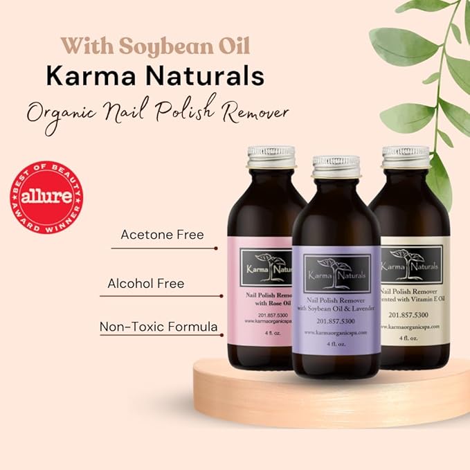 Karma Organic Nail Polish Remover Bundle - Includes Natural Lavender, Rose Oil, and Unscented Nail Polish Remover (4FL-Oz) (Multipack)