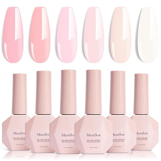 MelodySusie Pastel Pink Gel Nail Polish Set - 6 Colors Nude Pink Milky White Soak Off UV LED Gel Polish Gift for Women Nail Art Manicure Salon DIY Nail Design Decoration at Home