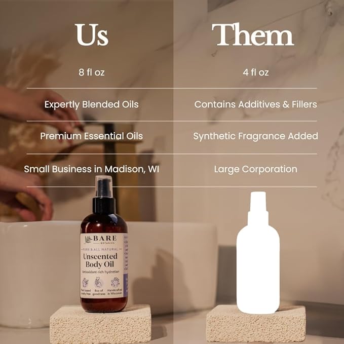 BARE BOTANICS 8 oz Moisturizing Unscented Body Oil - 100% Pure & Natural for Skin & Nails - Perfect for Moisturization - Vegan, Cruelty Free & Naturally Scented Hair Oil