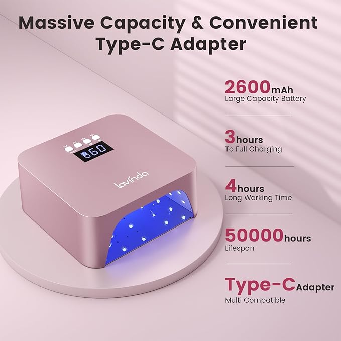 Lavinda 48W Nail Lamp, Rechargeable Cordless UV Light for Gel Nails LED Nail Dryer with Auto Sensor, 4 Timer Settings & LCD Display, Fast Curing Light All Gel Polish for Home&Salon (NovaGlow RoseGold)