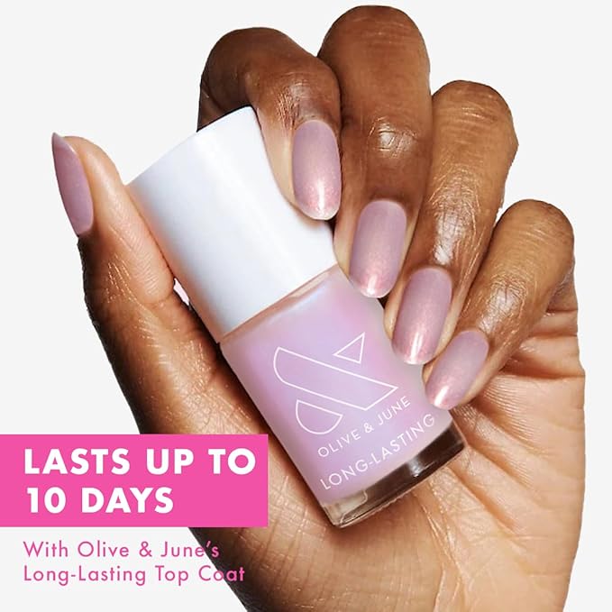 Olive & June Long Lasting Nail Polish | Plump, Gel-Like Finish No Lamp Needed | Lasts up to 10 days | Salon-Quality at Home | 15-Free, Vegan Cruelty-Free Chip-Resistant | Pink Goldfish Pink Iridescent