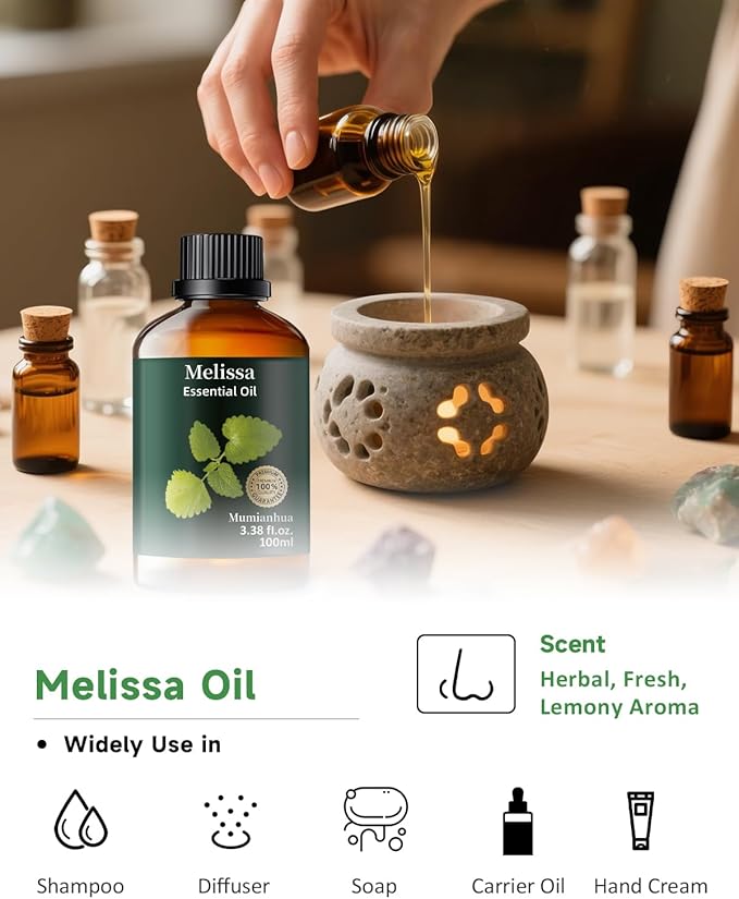 Melissa Essential Oil Pure, Mumianhua Natural Therapeutic Melissa Oil for Skin, Body, Hair Care, Diffuser, Aromatherapy,Candle, Soap, Making, DIY, Massage, Sauna 3.38 Fl Oz