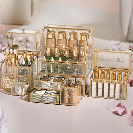 Tempered Glass Makeup Organizer – Clear Vanity Organizer with 18-Slot Lipstick Holder & Brush Organizer, Skincare and Perfume Storage for Dresser, Bathroom, and Countertop Use