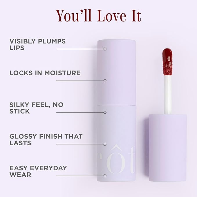 Cote Beauty's Tempted Peptide Lip Shine, Ultra Hydrating & Long-Lasting Warm Berry Plumping Lip Gloss for Women with Hyaluronic Acid, Shea Butter & Jojoba Oil, Vegan & Cruelty-Free, 0.12 Fl Oz