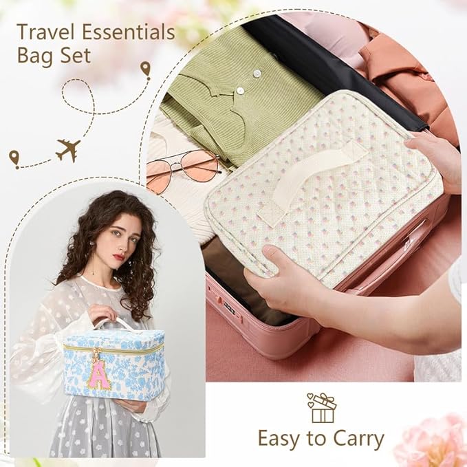 3 PCS Travel Makeup Bag Set,A-Z Initials Cotton Make up Bag Floral Quilted Cosmetic Bag for Girls and Women,Personalized Christmas Gifts,Cute Toiletry Travel Accessories Brushes Bags-T