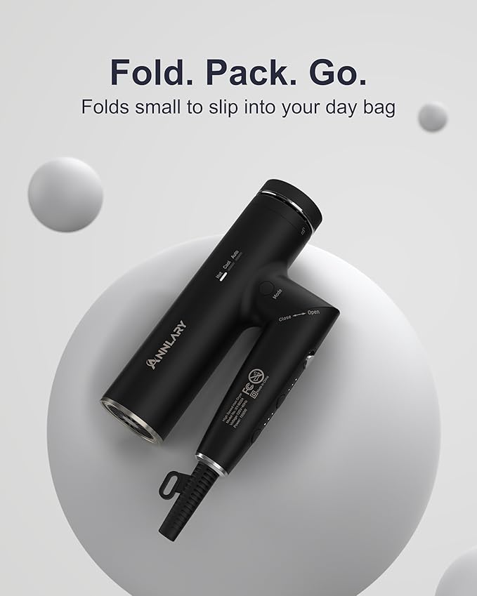 Foldable Hair Dryer with Diffuser, 110,000 RPM Professional High Speed Blow Dryer with Plasma Ion, 6.5Ft ALCI Cord, Concentrator & Diffuser for Men and Women, Lightweight for Travel/Home