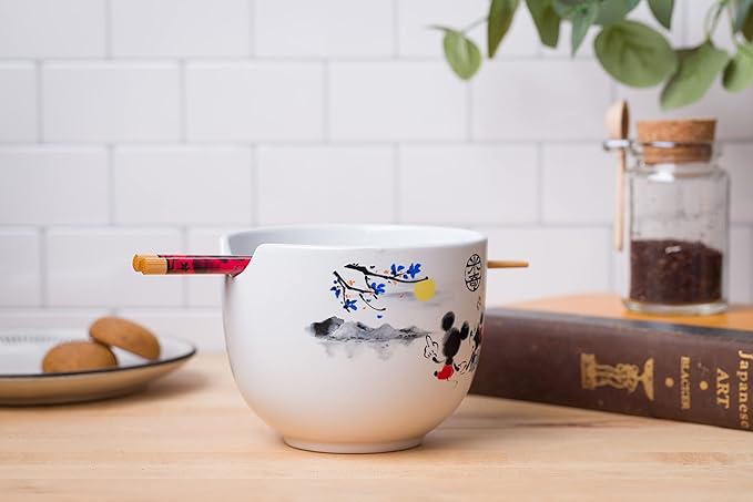 Silver Buffalo Disney Mickey and Minnie Watercolor Watching the Sunset Ceramic Ramen Noodle Rice Bowl with Chopsticks, Microwave Safe, 20 Ounces