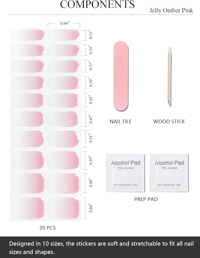 Semi Cured Gel Nail Strips (Jelly Omber Pink), 20 Pcs Gel Nail Wraps, Stickers, Salon Quality, Long Lasting, Works with Any Lamps