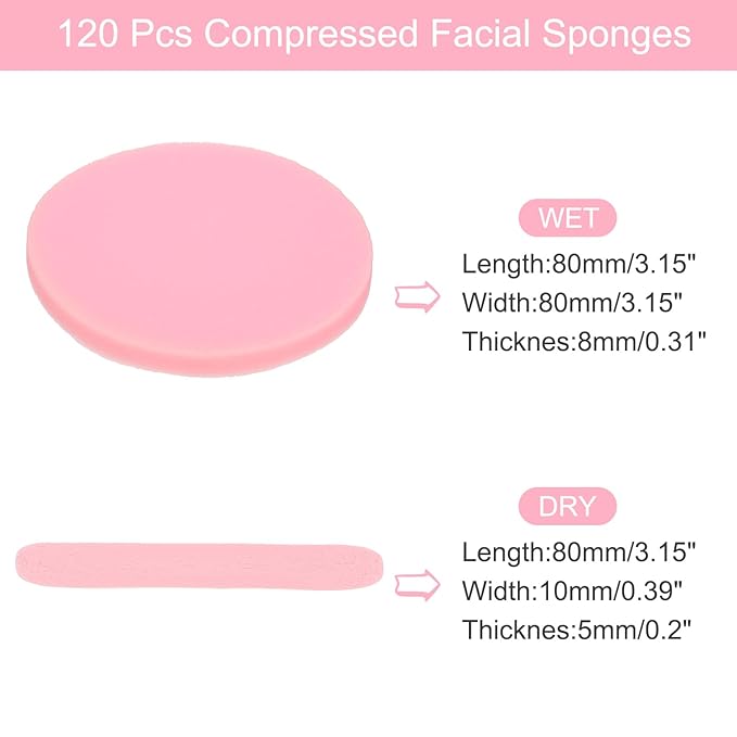 uxcell 120 Count Compressed Facial Sponges Round Face Cleansing Sponges Pads for Daily Skincare Routines at Home, Kitchen(Pink)