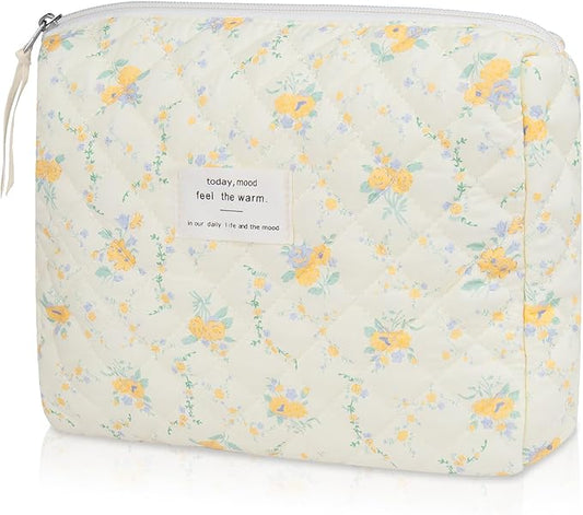 Floral Makeup Bag, Small Cosmetic Bag for Women Girls, Cute Cotton Makeup Bag, Quilted Makeup Bags, Flower Travel Toiletry Organizer Bag(Yellow Flowers)