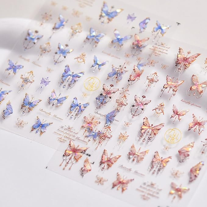 Butterfly Nail Art Stickers Decals 5D Butterfly Nail Stickers Blue Seashell Shinny Butterfly Nails Design 5D Embossed Nail Decals Butterfly Stickers for Women Girl DIY Manicure Nail Art Decorations
