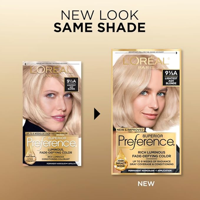 L'Oreal Paris Superior Preference Luminous Fade-Defying Permanent Hair Color, Hair Dye For Up to 9 Weeks of Radiance, Lightest Ash Blonde 9.5A, 1 Hair Dye Kit