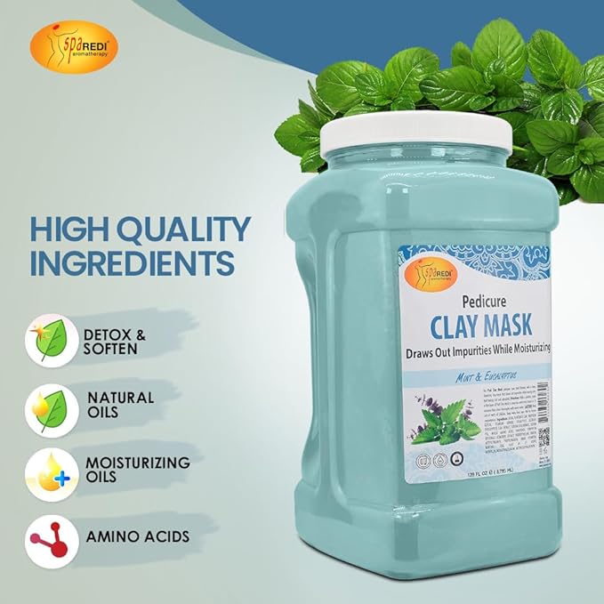 SPA REDI - Clay Mask, Mint and Eucalyptus,128 Oz - Pedicure and Body Deep Cleansing, Skin Pore Purifying, Detoxifying and Hydrating