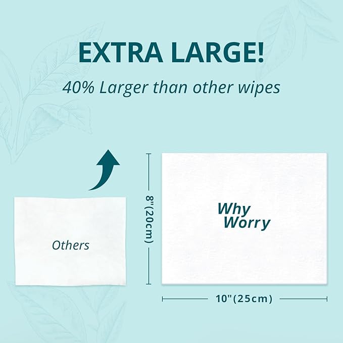 WhyWorry Flushable Wipes for Adults, Extra Large 8"x10" Butt Wipes for Toilet & Personal Cleansing, Chamomile and Vitamin E, 100% Plant-Based, Septic & Sewer Safe, Unscented, 144 Count (3 Packs)