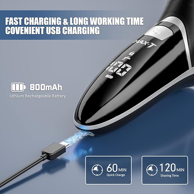 Men's Electric Shaver - MAX-T Corded and Cordless Rechargeable 3D Rotary Shaver Razor for Men with Pop-up Sideburn Trimmer Wet and Dry, IPX7 Waterproof, Plug & Play