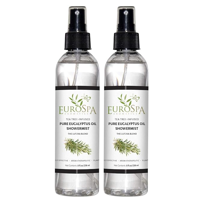 EuroSpa Aromatics Pure Eucalyptus Oil ShowerMist and Steam Room Spray, All-Natural Premium Aromatherapy Essential Oils - Tea Tree Infused, 8oz, 2 Pack
