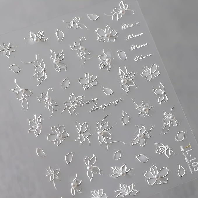 White Flower Nail Art Stickers 5D Embossed Spring Summer Nail Stickers for Nail Art Flower Nail Decals Self Adhesive White Pearl Floral Decoration Accessories for Women Girls