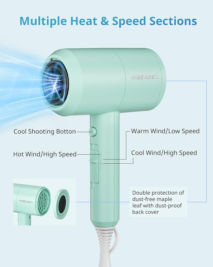 SHRATE Lightweight Ionic Hair Dryer with Diffuser - Powerful 1800W Blow Dryer for Fast Drying - Professional Low Noise Mini Hair Dryer for Travel, Gifts, Hair Styling