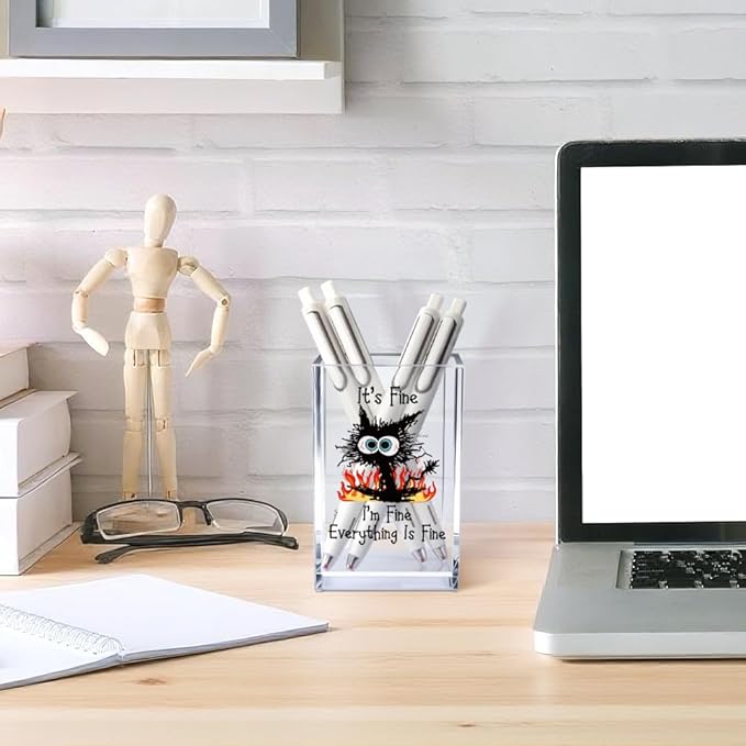 It's Fine I'm Fine Acrylic Cosmetic Pencil Pen Holder Cup, Funny Black Cat Pen Holder Cup, Cat Lover Gift for Women Men, Office Sarcastic Gifts for Women Men Colleague Boss