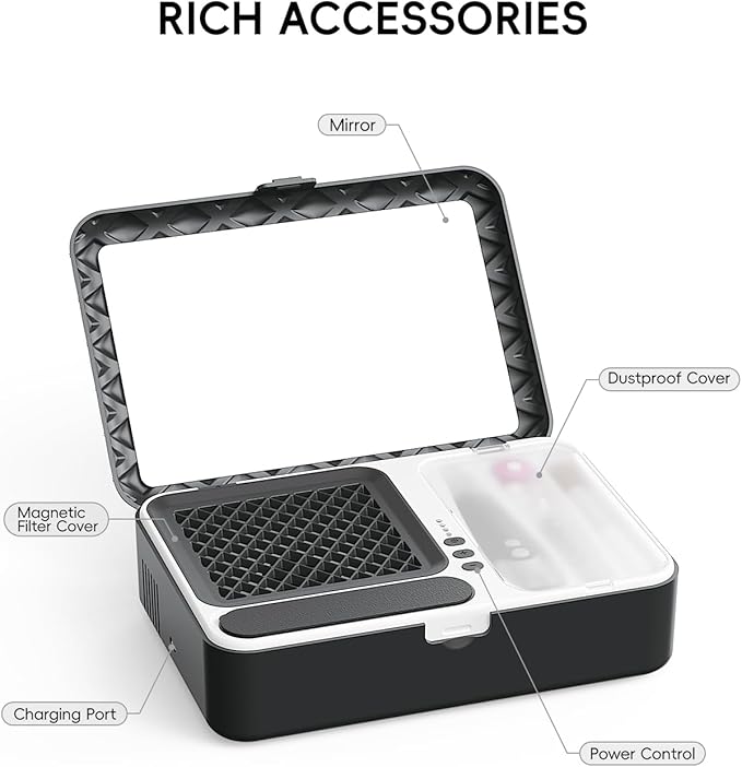 Portable Nail Dust Collector Deluxe Kit, Rechargeable Cordless Nail Quiet Vacuum Fan Cleaner with Mirror & Reusable Filters, Rich Nail Tech Tools, Compact Travel Size, Best Gifts for Women Teen Girls