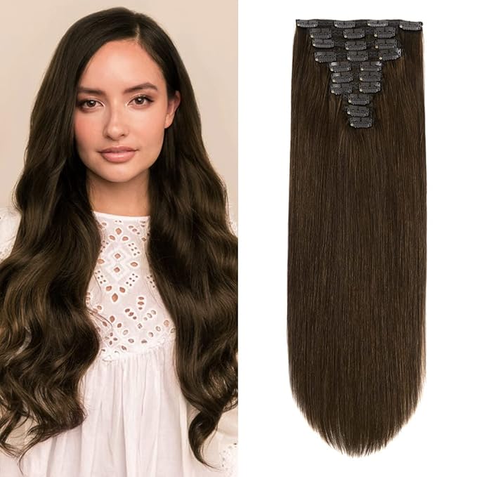 22" Clip in Human Hair Extensions Full Head 200g 10 Pieces 22 Clips Chocolate Brown Double Weft Brazilian Real Remy Hair Extensions Thick Straight (22" 200g,4#)