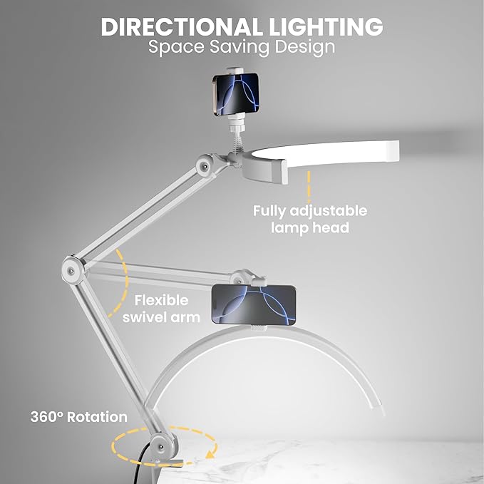 3000 Lm Adjustable LED Half Moon Light with Clamp & Task Lamp - Bright, Dimmable Lighting for Office, Crafts, Nails &Salon, Remote Control (CCT，White)