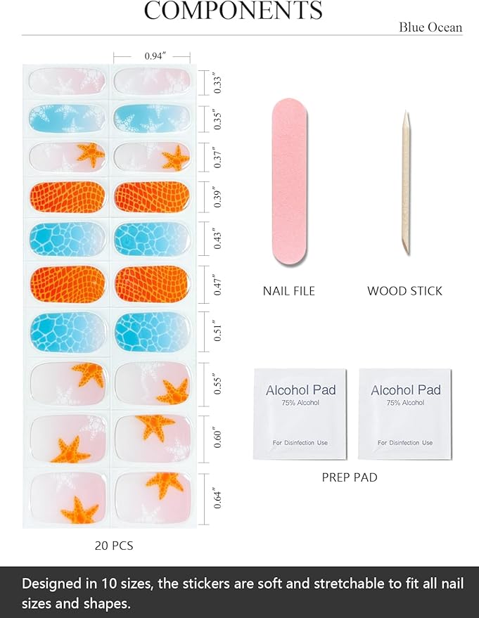 Semi Cured Gel Nail Strips (Blue Ocean), Starfish, Summer, 20 Pcs Gel Nail Wraps, Stickers, UV Light Required, Salon Quality