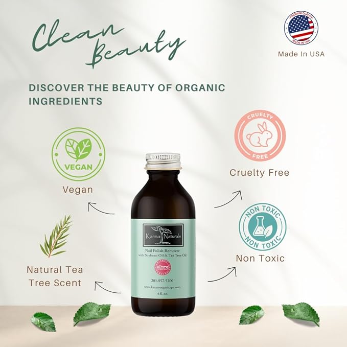 Karma Organic Nail Polish Remover with Soybean Oil and Tea Tree Oil- Non Toxic, Vegan, Cruelty Free, Acetone Free – Nails Strengthener for Fingernails – 12 fl. Oz. (3 Pack)