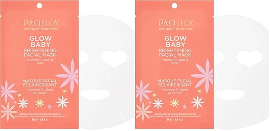 Pacifica Beauty, Glow Baby Brightening Face Mask, Sheet Mask, Skincare, Vitamin C, Aloe, Kelp, Brightening, Glowing Skin, Dullness, Fine Lines, Dark Spots, Dry Skin, Vegan & Cruelty Free (Pack of 2)