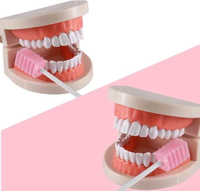 100 Pcs Disposable Mouth Swabs Sponge, BVN Oral Swabs, Oral Care Swabs Disposable, Mouth Swabs, Unflavored and Sterile Disposable Dental Swabsticks for Mouth Cleaning, Sawtooth-Shaped Pink.