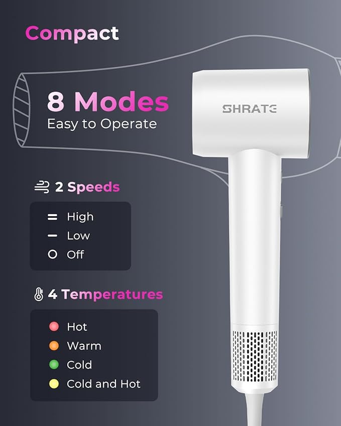 SHRATE Professional High Speed Ionic Hair Dryer | Ultra-Fast Drying | 500 Million Negative Ions | Low Noise | 160000 RPM | Compact Blow Dryer with Magnetic Diffuser for Faster Drying All Hair Types