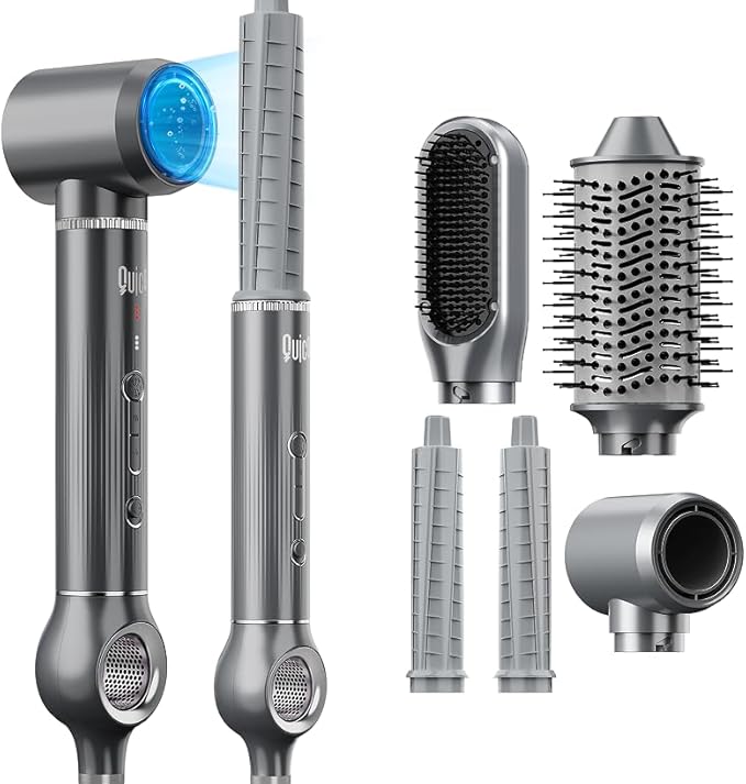 Quico 5 in 1 Blow Dryer Brush Set, Hot Hair Styler with Rotating Hair Dryer Brush, Auto Air Curler, Oval Brush, Curling Wand Set with Air Filter, Multi Styler Hair Tool, No Heat Damage