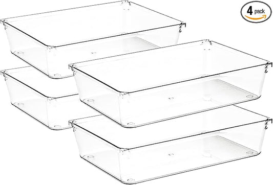 4 Pack Drawer Organizer - 6" X 9" Clear Acrylic Storage Bins with Non-Slip Pads, Versatile Desk Tray for Makeup, Jewelry, Kitchen, Bathroom, and Office Organization