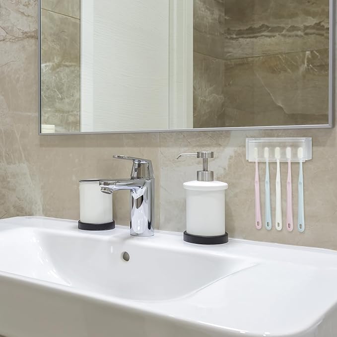 5 Slots Wall Mount Toothbrush Holder with Cover, Self Adhesive Toothbrush Storage Organizer for Shower, Toothbrush Hanger for Bathroom, Medicine Cabinet, Dorm (Frosted)