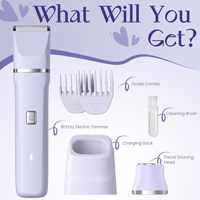 Electric Razors for Women - IPX7 Waterproof, Painless, Portable Bikini Trimmer Shaver, Body & Pubic Hair Removal Machine, Womens Lady Shaving Trimmers for Legs, Private Area - Purple