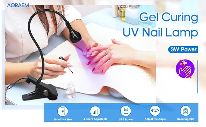AORAEM Nail Lamp LED Nail Manicure Dryer Curing Light with Black Gooseneck and Clamp for Gel Nails