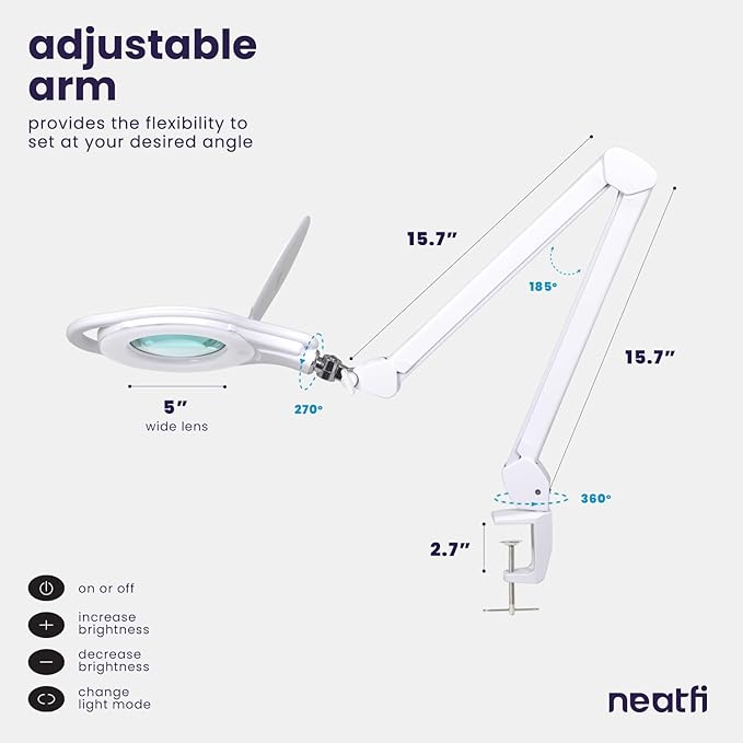 Neatfi 1,200 Lumens LED Magnifying Lamp with Clamp, Dimmable, Includes Microfiber Cloth, Magnifier Light for Reading, Sewing, Crafting (White, 5-Inch Lens, 8 Diopter)