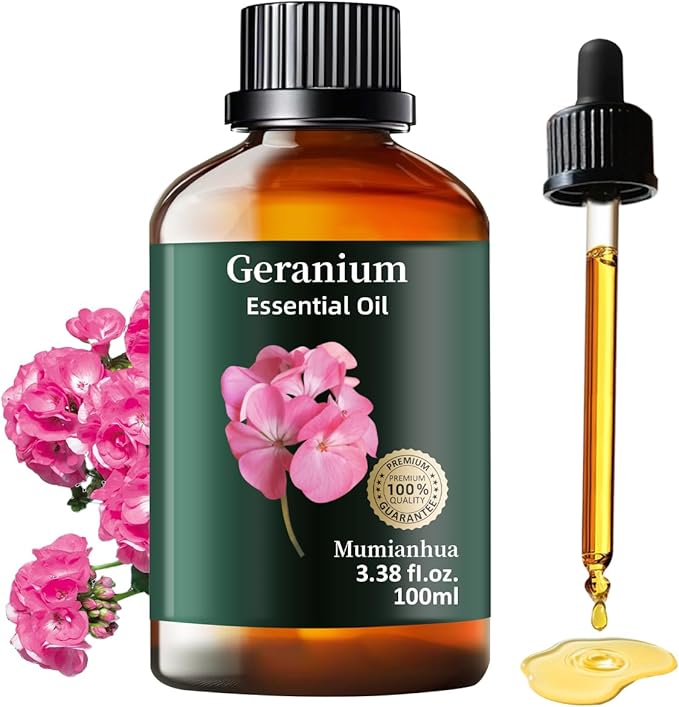 Pure Geranium Essential Oil, Mumianhua Natural Rose Geranium Oil for Reed Diffuser, Air Freshener, Massages,Relaxation, Garden Freshness, Outdoor Ambiance, Skin, Hair, Soap, Candles Making 3.38 Fl oz