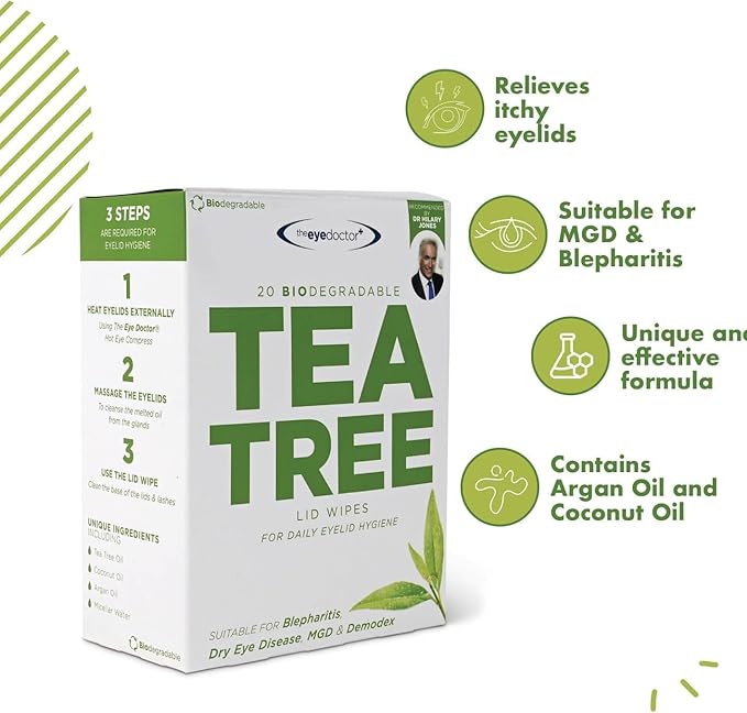 The Eye Doctor Essential Treatment Bundle - Reusable Hot Cold Eye Compress & 20x Single Use Tea Tree Eyelid Wipes for Dry Eye, Blepharitis & MGD - Microwave Safe Mask
