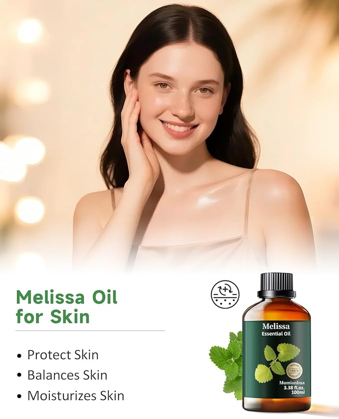 Melissa Essential Oil Pure, Mumianhua Natural Therapeutic Melissa Oil for Skin, Body, Hair Care, Diffuser, Aromatherapy,Candle, Soap, Making, DIY, Massage, Sauna 3.38 Fl Oz
