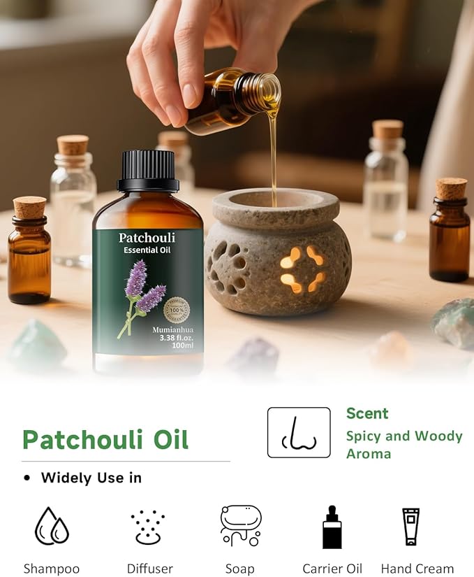 Pure Patchouli Essential Oil, Mumianhua Natural Patchouli Oil for Diffuser, Perfume, Skin,Hair, Soap Making, Room Spraying,Earthy Grounding, Outdoor Protection 3.38 Fl Oz