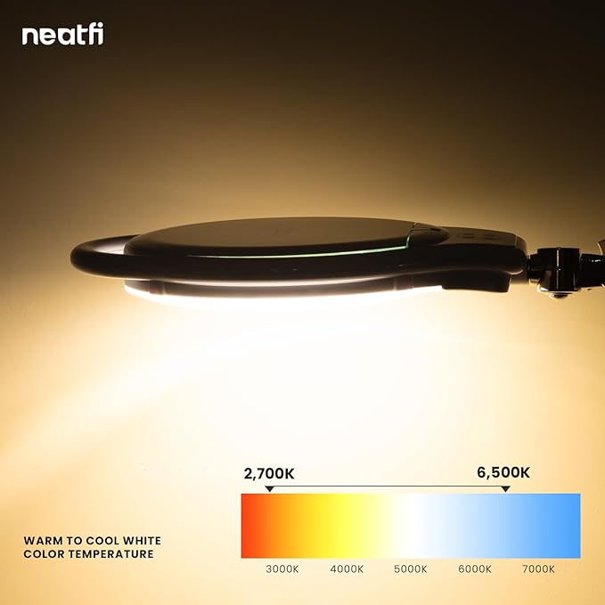 Neatfi Elite XL HD Super LED Magnifying Lamp, 3 Diopter with 12 Diopter, Dimmable, 3 Light Modes (3000K/4000K/6500K), Glare-Free, Adjustable Arm (White, 7-Inch Glass Lens with Clamp)
